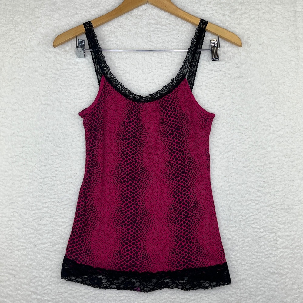 Pink Black Snakeskin Print Lace Trim Cami Tank Top Small Animal Print Sleeveless